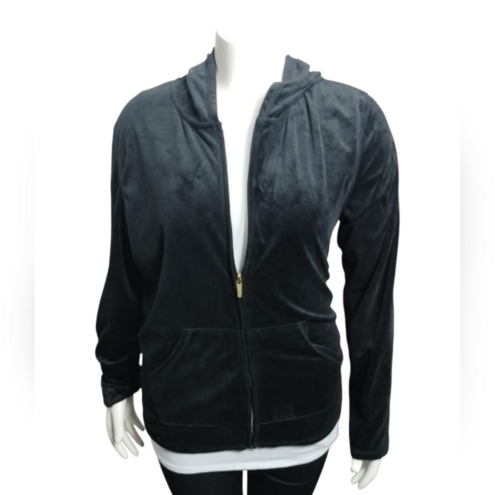 HUE Women's Black Velour Track Jacket Hoodie Size XL Athleisure Loungewear Zipup